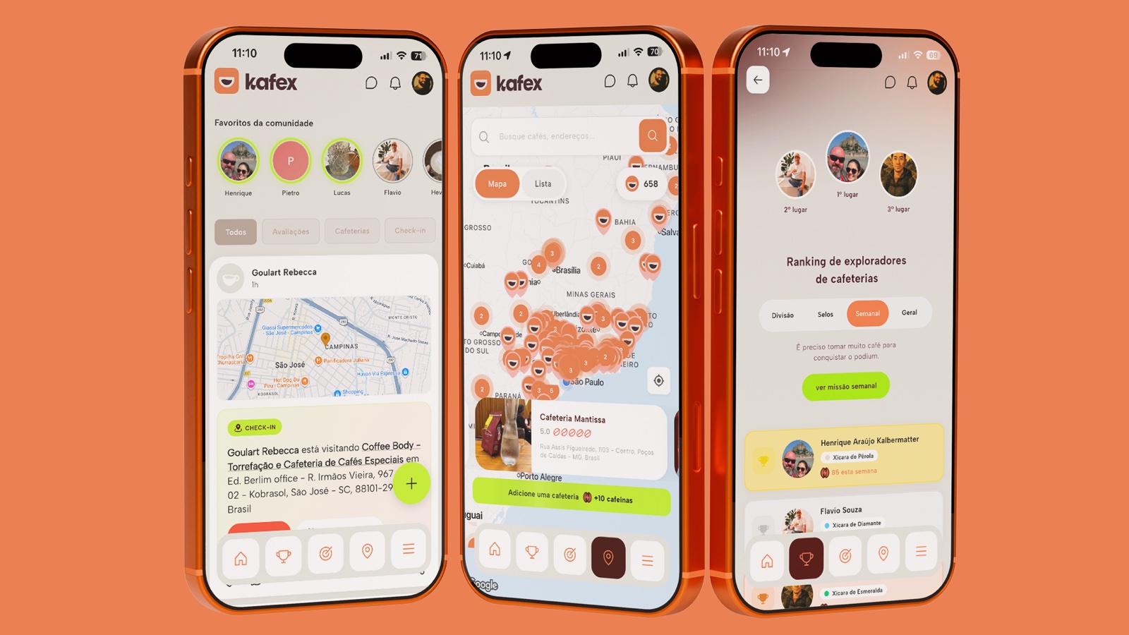 App de café Kafex no iPhone: favoritos da comunidade, mapa de cafeterias especiais e ranking de exploradores