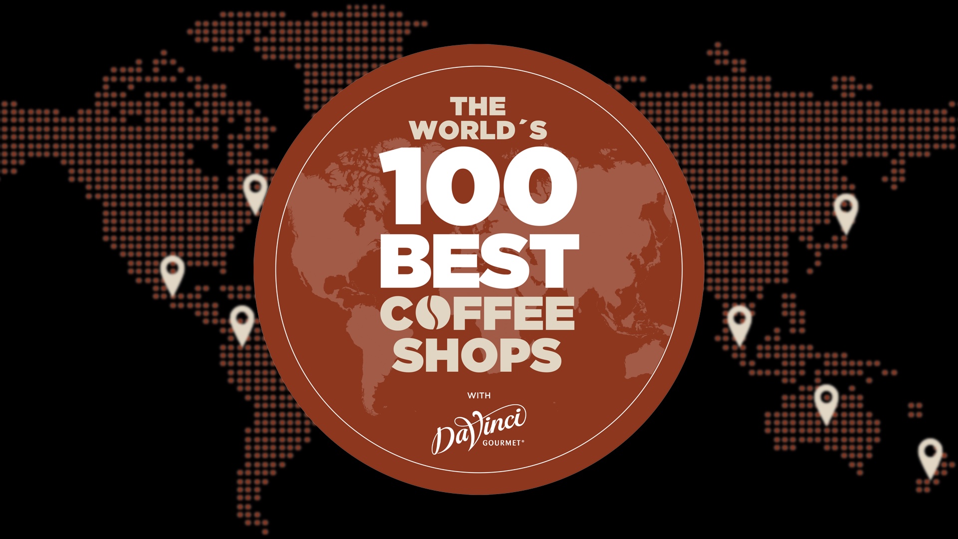 Selo oficial do ranking The World's 100 Best Coffee Shops sobre um mapa-múndi